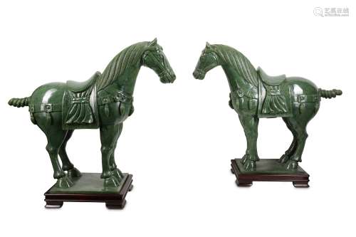 A PAIR OF LARGE CHINESE SPINACH-GREEN HORSES.