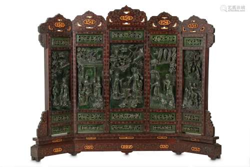 A CHINESE SPINACH JADE FIVE-PANEL TABLE SCREEN.