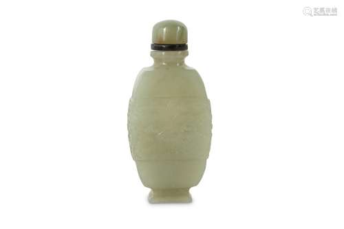 A CHINESE PALE CELADON JADE 'TAOTIE MASK' SNUFF BOTTLE.