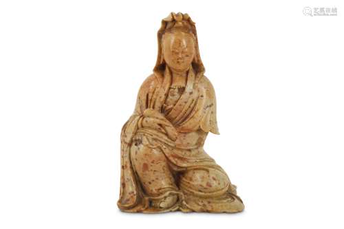 A CHINESE SOAPSTONE FIGURE OF GUANYIN.