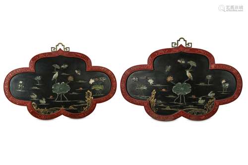 A PAIR OF CHINESE LACQUER HARDSTONE-INLAID QUATREFOIL PANELS.