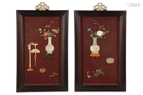 A PAIR OF CHINESE CINNABAR LACQUER HARDSTONE-INLAID 'STILL LIFE' PANELS.