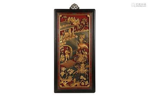 A CHINESE LACQUER AND GILT-WOOD 'WARRIORS' PANEL.