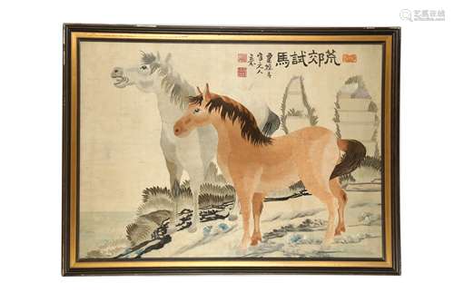 A CHINESE EMBROIDERY OF TWO HORSES.