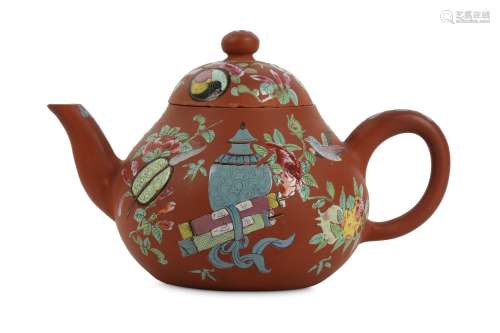 A CHINESE YIXING ZISHA ENAMELLED TEAPOT AND COVER.