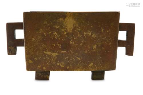 A CHINESE GOLD-SPLASH BRONZE RECTANGULAR INCENSE BURNER.