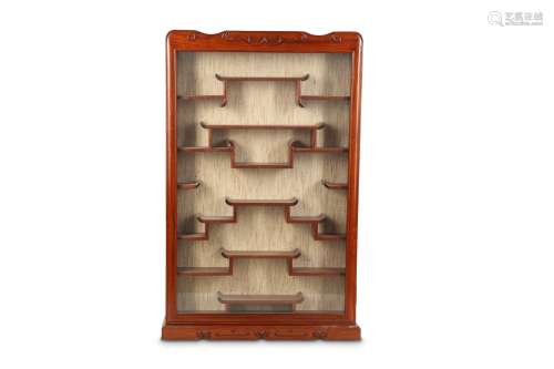 A CHINESE WOOD SNUFF BOTTLE DISPLAY CABINET.