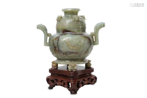 A CHINESE PALE CELADON JADE INCENSE BURNER AND COVER.