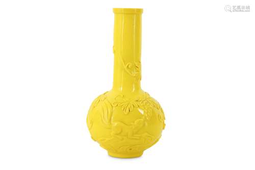 A CHINESE YELLOW BEIJING 'SQUIRRELS AND VINES' GLASS BOTTLE VASE.