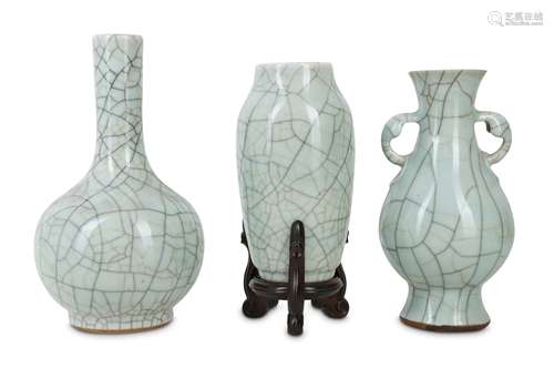 ♦ THREE CHINESE CELADON CRACKLE-GLAZE VASES.