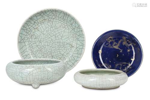 THREE CHINESE CRACKLE-GLAZE PIECES AND A BLUE-GROUND 'DRAGON' DISH.