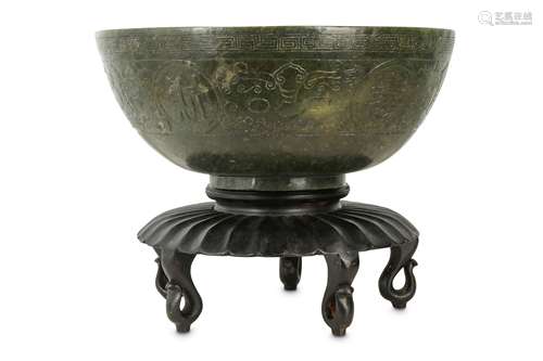 A CHINESE SPINACH JADE 'LONGEVITY' BOWL.