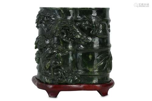 A CHINESE SPINACH GREEN JADE DOUBLE 'BAMBOO' VASE.