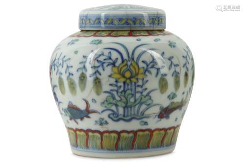 A CHINESE DOUCAI 'LOTUS POND' JAR AND COVER.