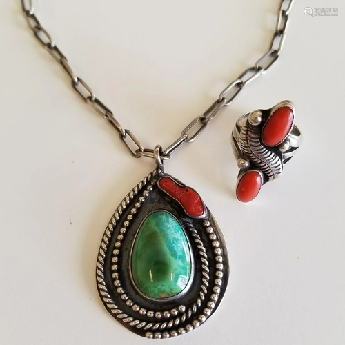 *Native American Turquoise, Coral, Silver Je…