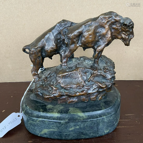 Bronze Sculpture of Two Buffalos with Marble …