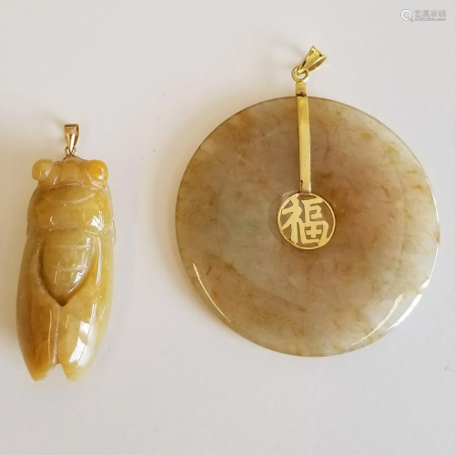 Collection of Two Jade, Yellow Gold Pendants.