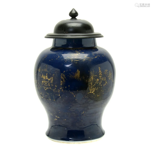 Chinese Blue Glaze Baluster Vase with Woode…