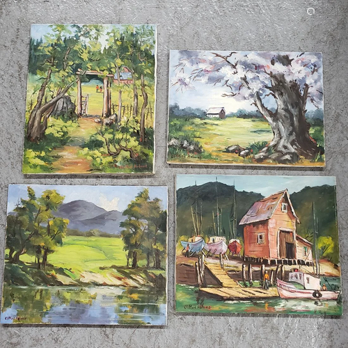 Four Unframed Oil on Canvas of Outdoor Sc…