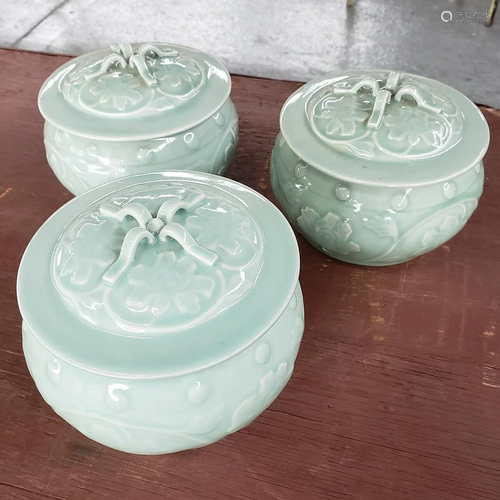 Three Chinese Celadon Lidded Bowls