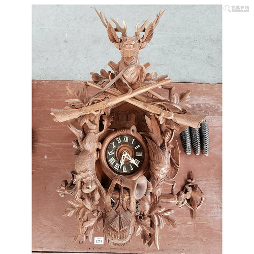 Black Forest Carved Hunting Scene Wall Clock