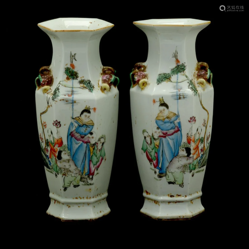 Pair of Chinese Hexagon figural vases