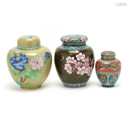 Group of Three Cloisonne Covered Jars