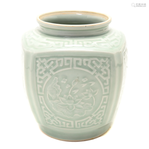Chinese Celadon Glaze Molded Floral Jar