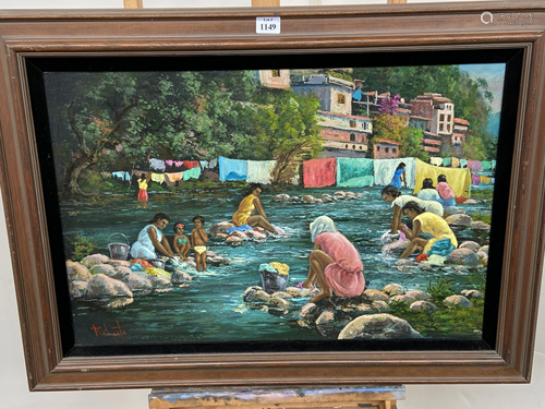 Framed Oil on Canvas, Women Washing …