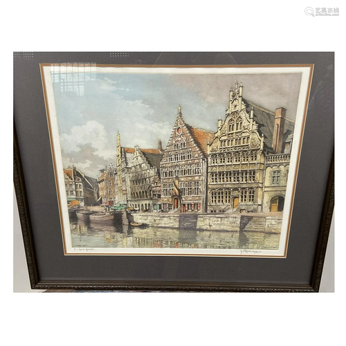 Framed Colored Etching, Amsterdam Canal…