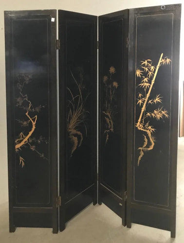 Chinese Carved Black Lacquer 4 Panel Screen
