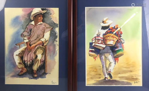 S. Villasona, Two Portraits, Watercolor