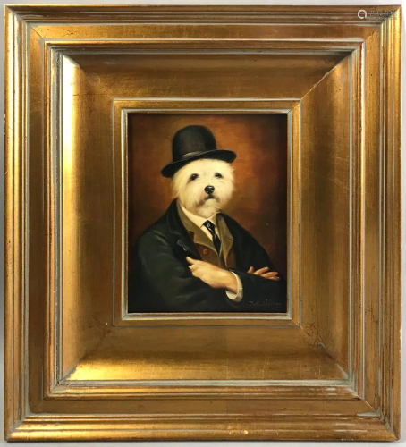 Portrait of a Dog with Hat, Oil on Board