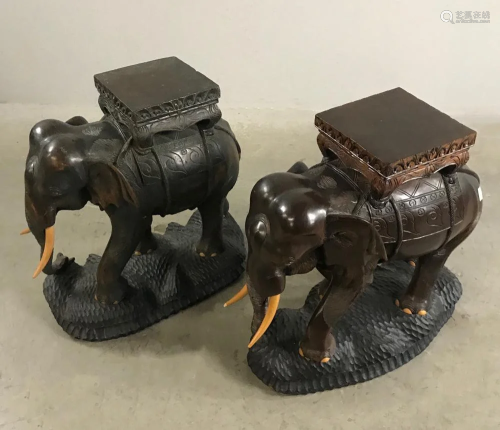 Pair of Antique Carved Wood Elephants