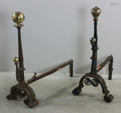 Two Wrought Iron and Brass Andirons