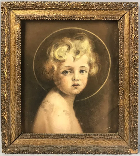 Circa 1900 Pastel Portrait of Child with Halo