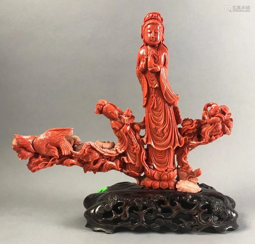 Rare Antique Chinese Carved Coral Guanyin Sta…