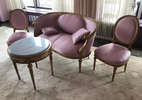 Louis XVI Style Pink Sofa, Chairs, Table