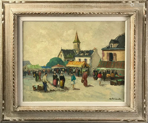 Charles Vaniscotte Market Scene Oil on Canv…