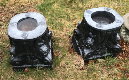 Pair of Black Painted Cement Column Tops