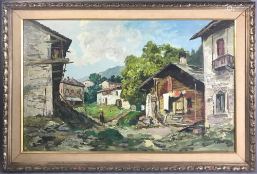 Carlo Rossi, Village Scene, Oil on Canvas
