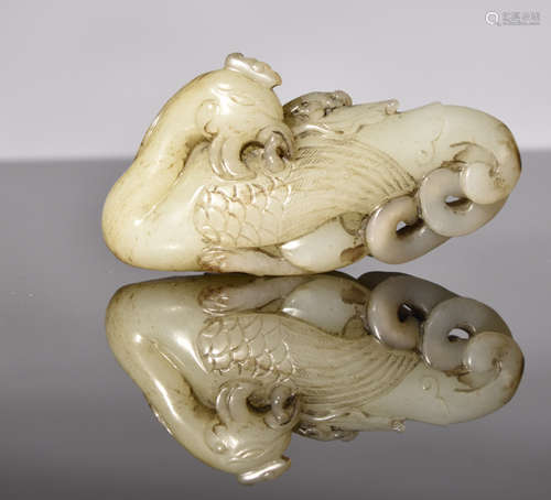 A WHITE  JADE ORNAMENT  OF  GOOSE  TITLING GANODERMA  LUCIDUM  POETRY  IN  QING  DYNASTY