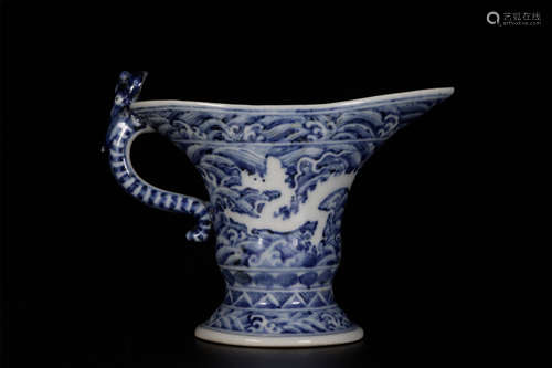 A  BLUE AND   WHITE  WINE CUP   WITH  SEAWATER  AND  DRAGON  PATTERNS  PATTERNS IN MING  WANLI