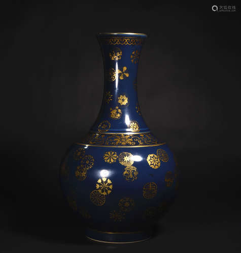 A JI  BLUE GLAZE  GOLD  PAINTED  VASE WITH  BALLS  AND  FLOWERS IN  GUANGXU  PERIOD