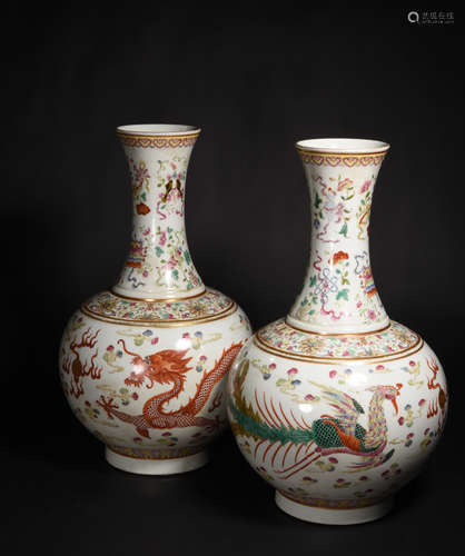 A PAIR  OF  PASTEL  VASES  WITH   DRAGON  AND  PHOENIX   PATTERNS IN  GUANGXU  PERIOD