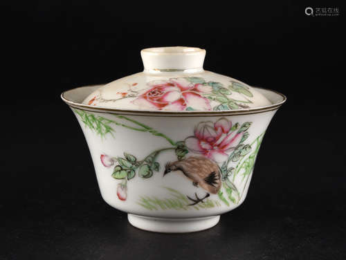 A PASTEL COVER  BOWL  PAINTED  WITH  FLOWERS  AND  BIRDS