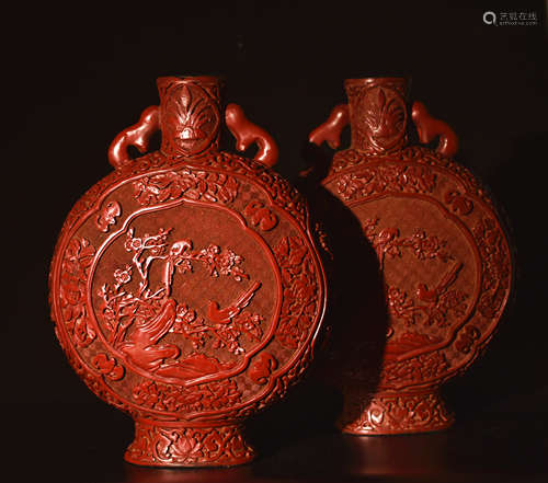 A PAIR  OF  LANDSCAPE HOLDING  MOON  BOTTLES  CARVED  LACQUER IN  QING  DYNASTY