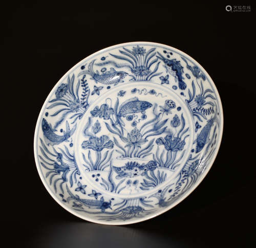 A BLUE  AND   WHITE PLATE  PAINTED  WITH FISNES  AND  WATERWEEDS  PATTERNS  IN MING  DYNASTY