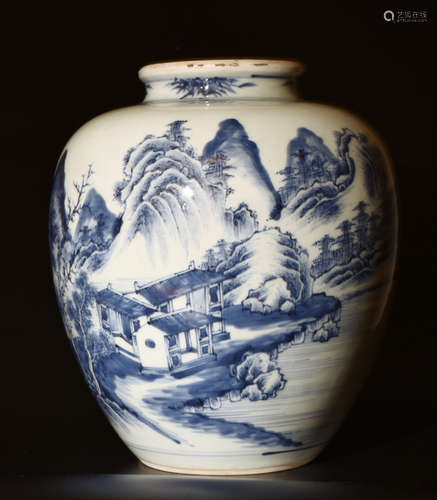 A  BLUE AND   WHITE  LANDSCAPE  POT IN  QING   DYNASTY