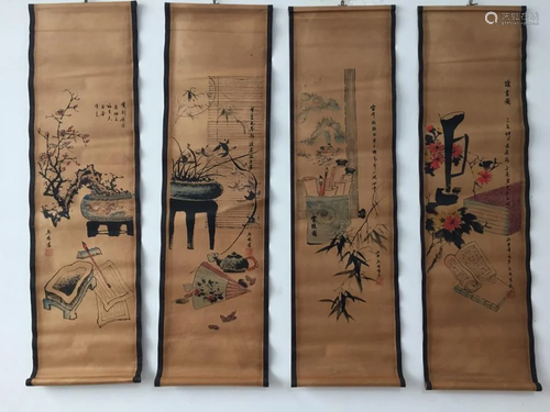 Four Chinese Ink Color Scroll Painting